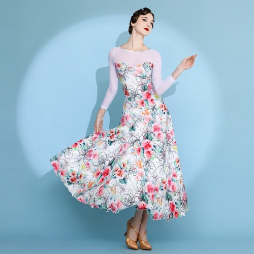Women girls blue pink floral flowers ballroom dance dresses modern foxtrot smooth tango waltz performance practice long dress